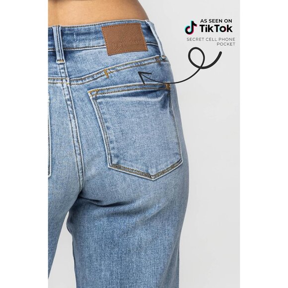 Women’s Mid Rise Dad Jeans with Cell Phone Pocket Blue Relaxed Fit - Picture 2 of 9